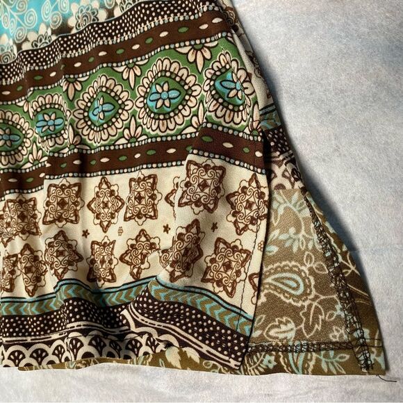 MCM Babydoll Sleeveless V-Neck Belted Tank Top Side Slits Y2K Size L Brown Teal - Picture 6 of 9